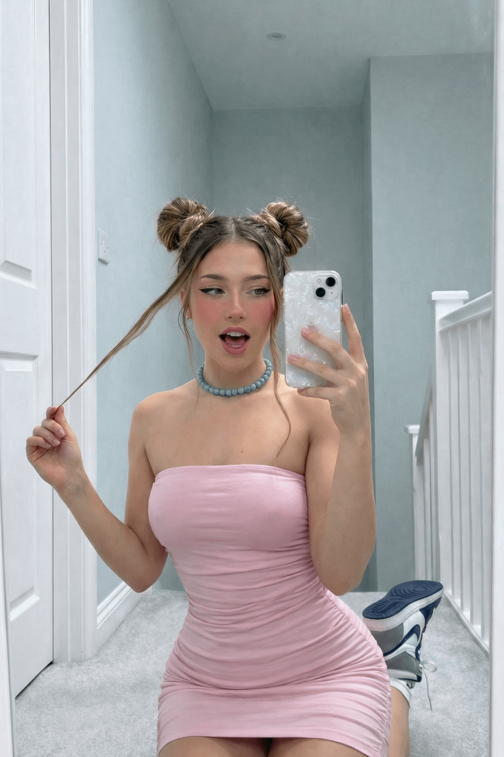 Pastel Pink Tube Dress Mirror Selfie Light Grey Carpet