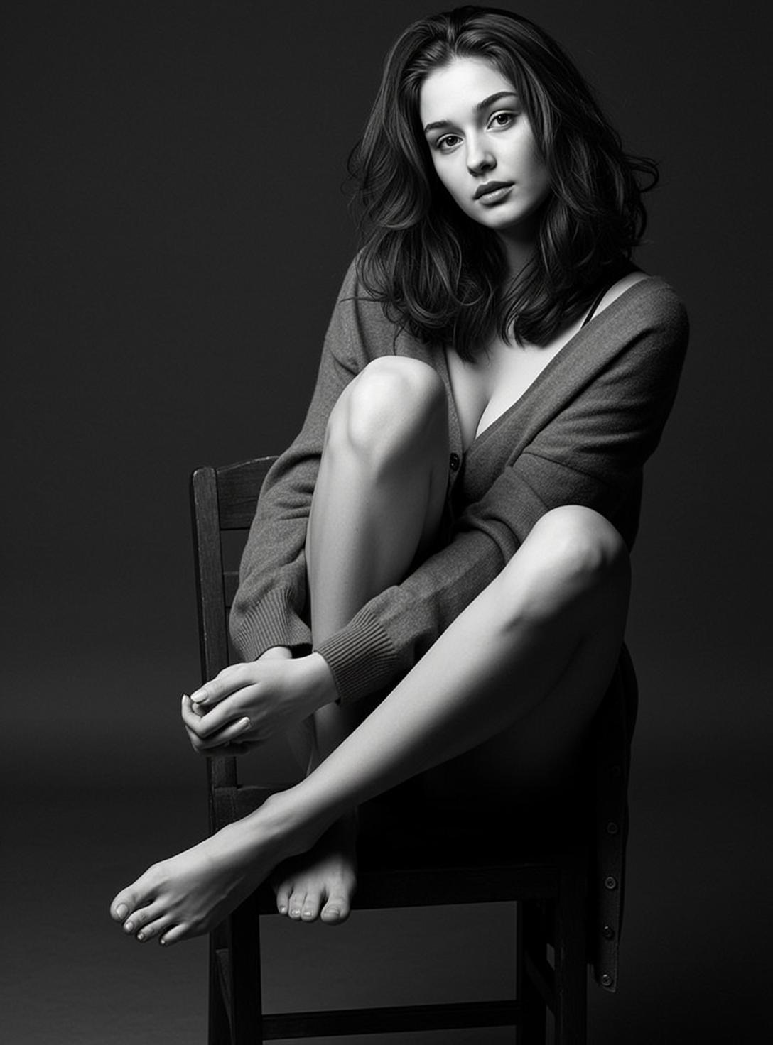 Photorealistic Black And White Portrait Young Woman With Long Wavy reference photo