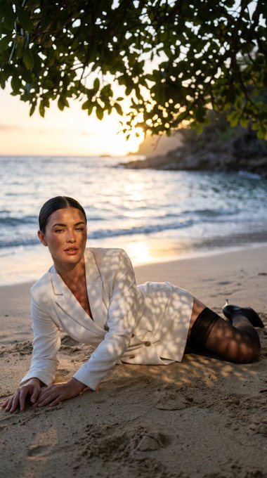 A person in a white double-breasted blazer rests on a sandy beach, with the ocean and sunset in the background, captured in soft, golden light.