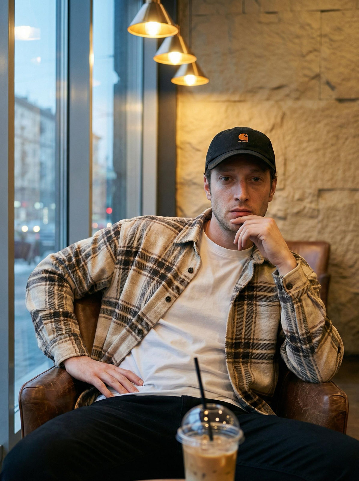 Realistic Man Cafe Portrait Winter City