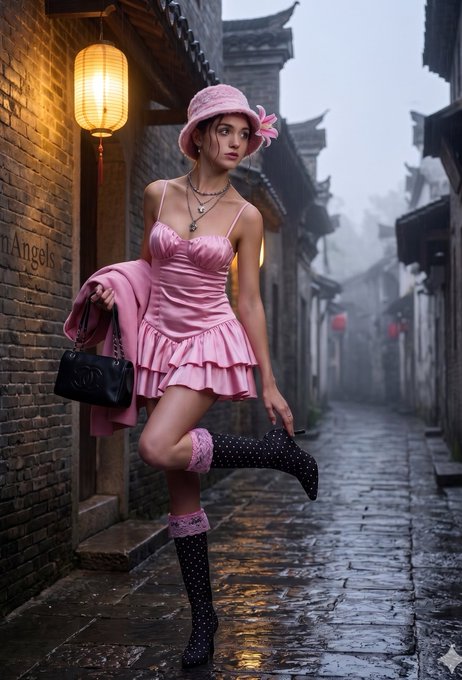 Pink Satin Dress Cobblestone Alley Dramatic Lighting