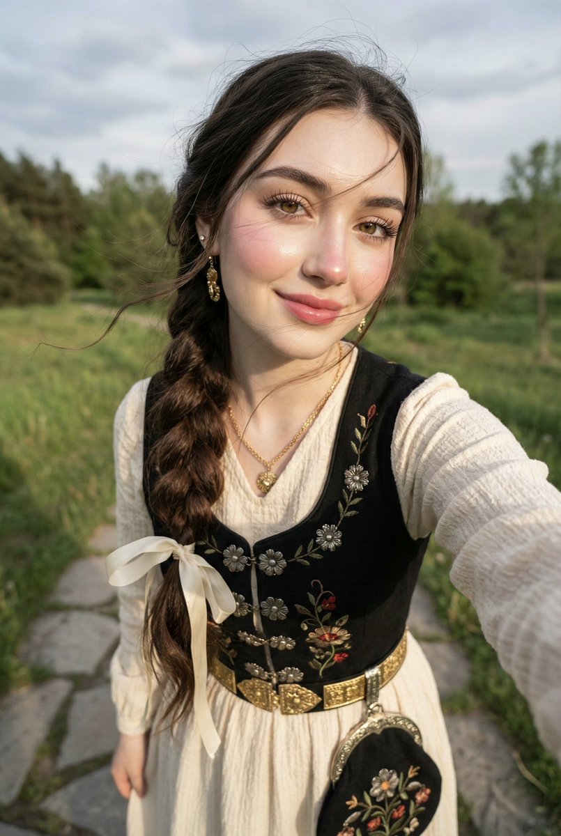 High-resolution selfie of a young woman with a large braid adorned with a cream ribbon, smiling in a natural outdoor setting.