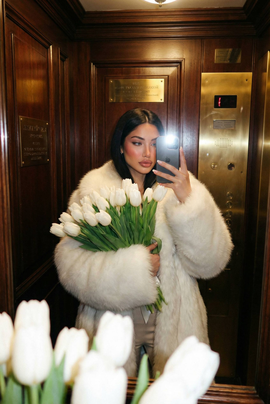 Realistic Luxury Elevator Selfie White Tulips