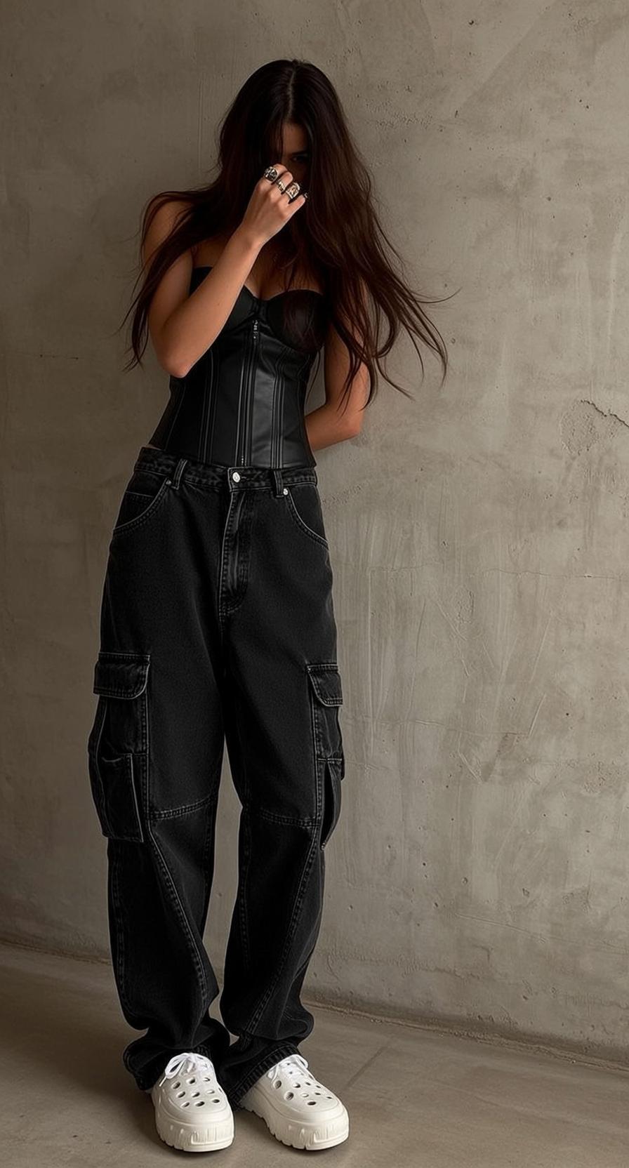 Dark Haired Woman Leather Corset Urban Grit reference photo