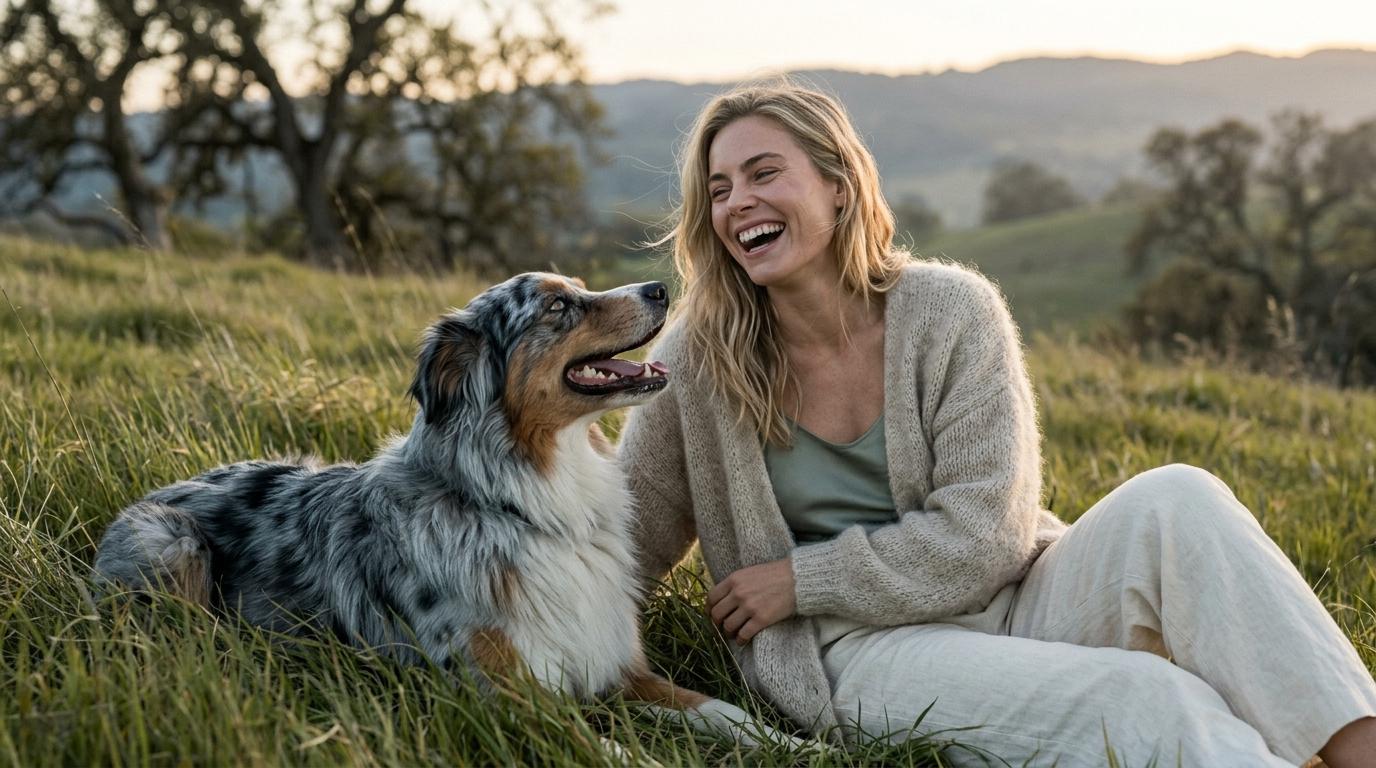 A joyous woman in a mohair cardigan laughing with her Australian Shepherd on a grassy hillside during golden hour.