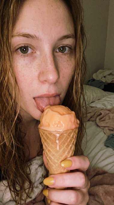 Melting Peach Ice Cream Cone Bright Yellow Nails Rumpled Bed