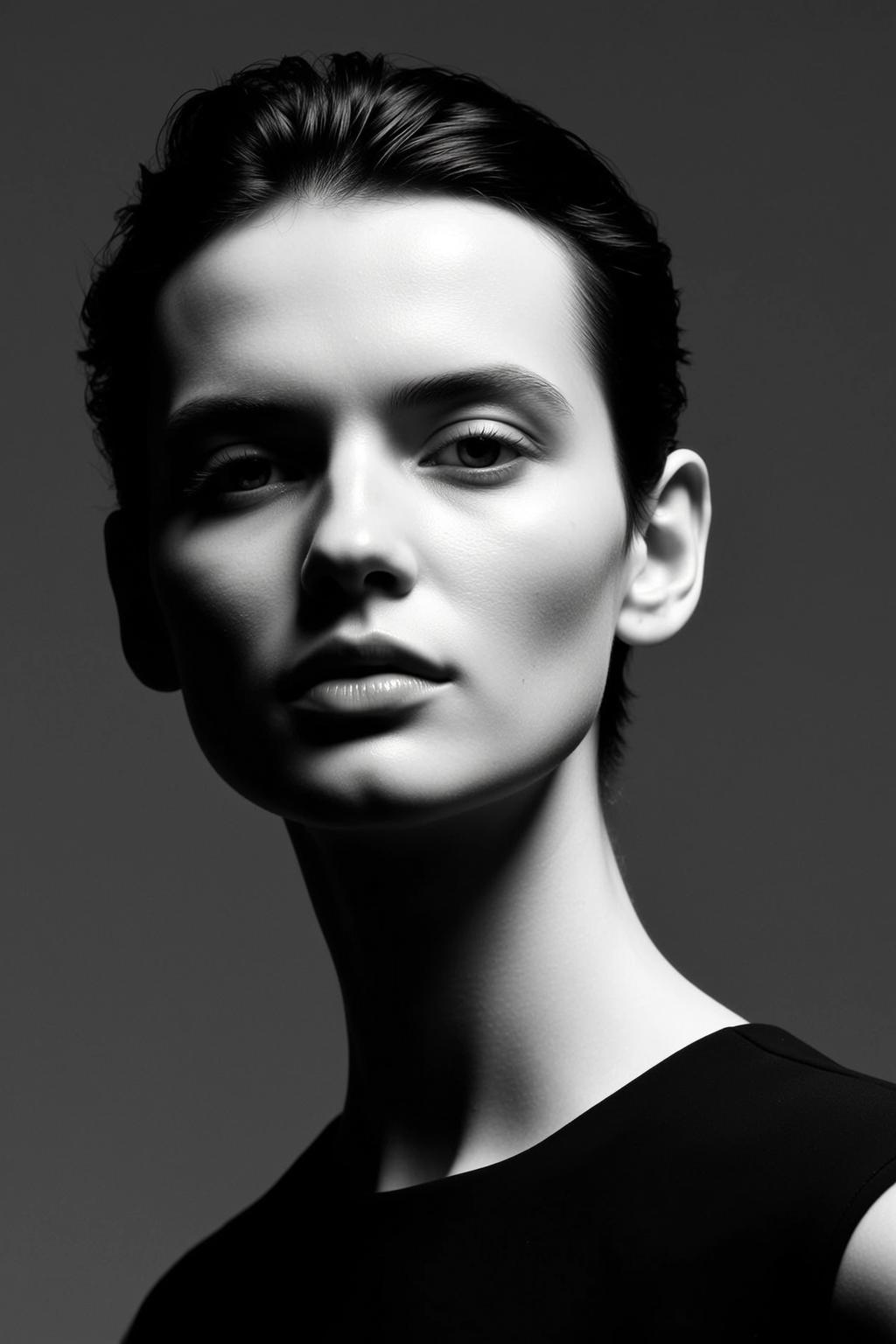 Close-up Head-and-shoulders Portrait Young Woman With Short Dark Slicked-back Hair reference photo