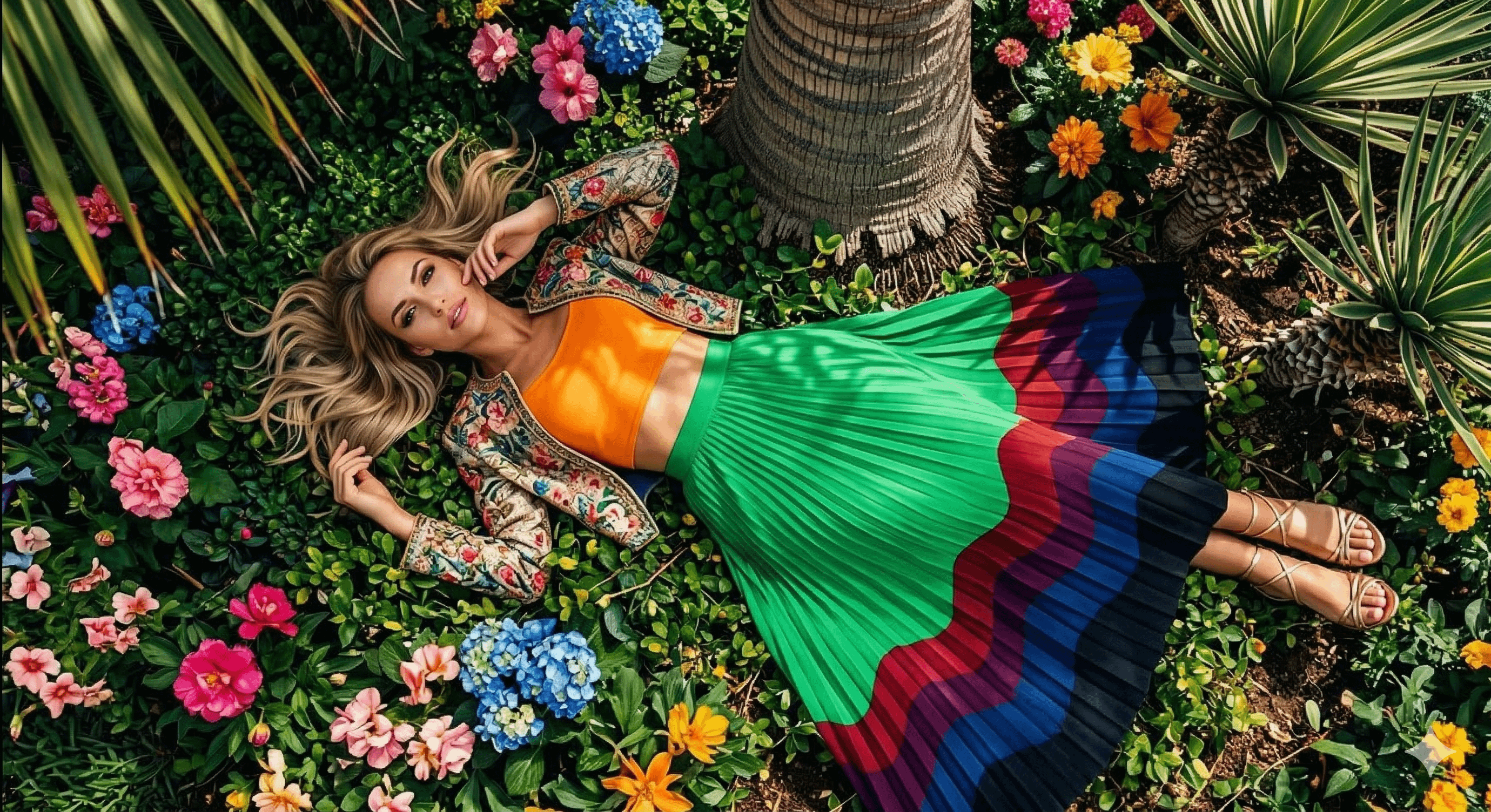 Subject On Lush Ground With Palm Tree And Flowers reference photo