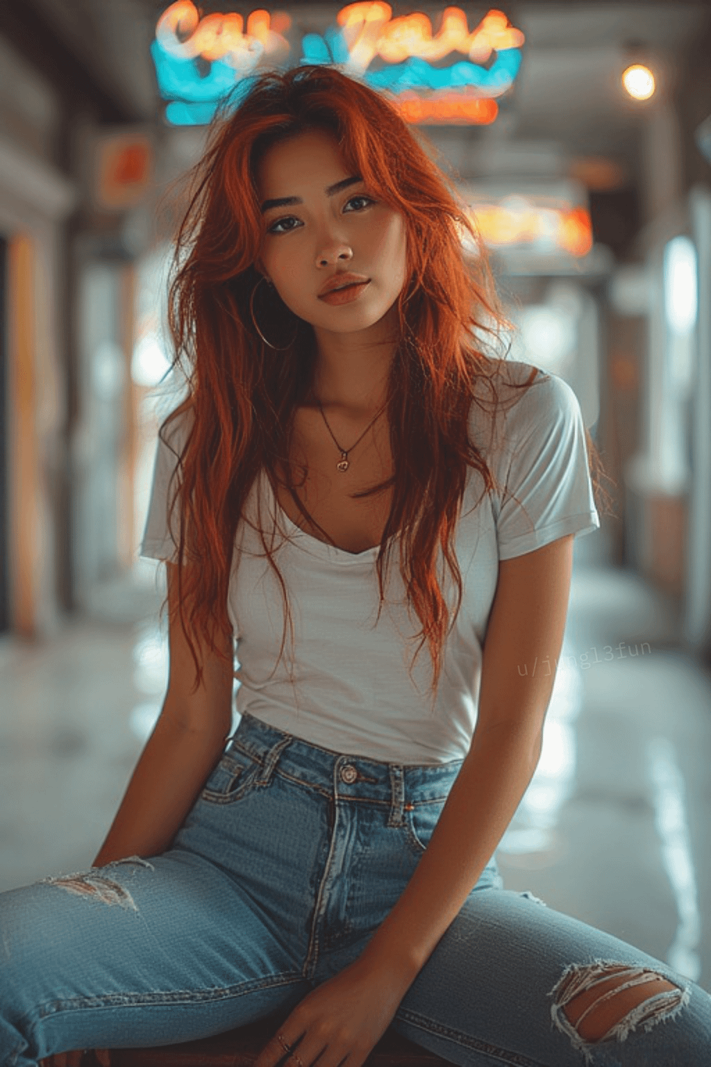 Seated With Red Hair And Denim Jeans Indoor Walkway reference photo
