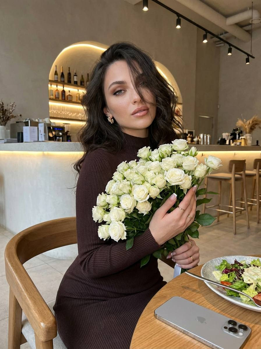 Realistic Cafe Woman White Roses Flash