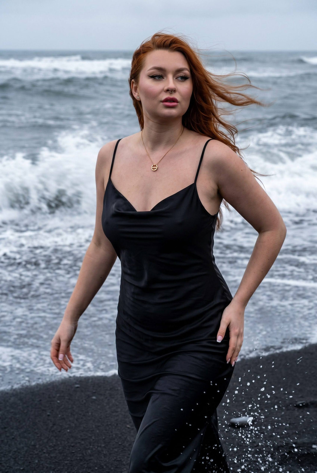 A young woman in a wet black silk slip dress stands at the edge of a dramatic ocean, volcanic sand surrounds her, wind blowing her hair back.
