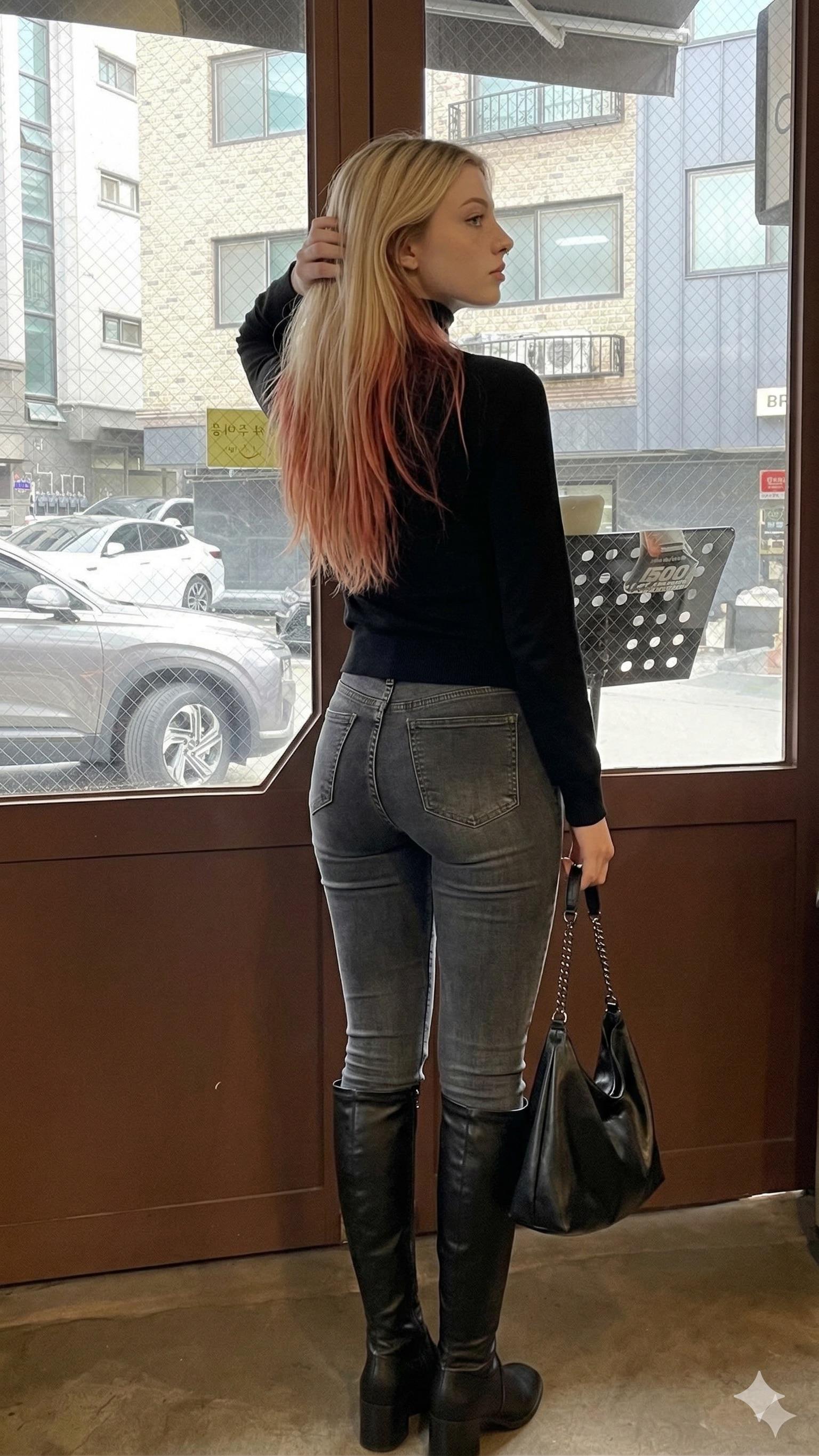 Looking Out Urban Window Black Turtleneck Boots