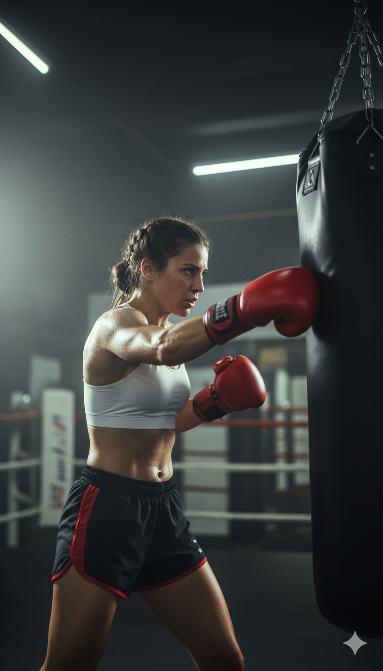 Athletic Woman Boxing Dramatic Gym Lighting