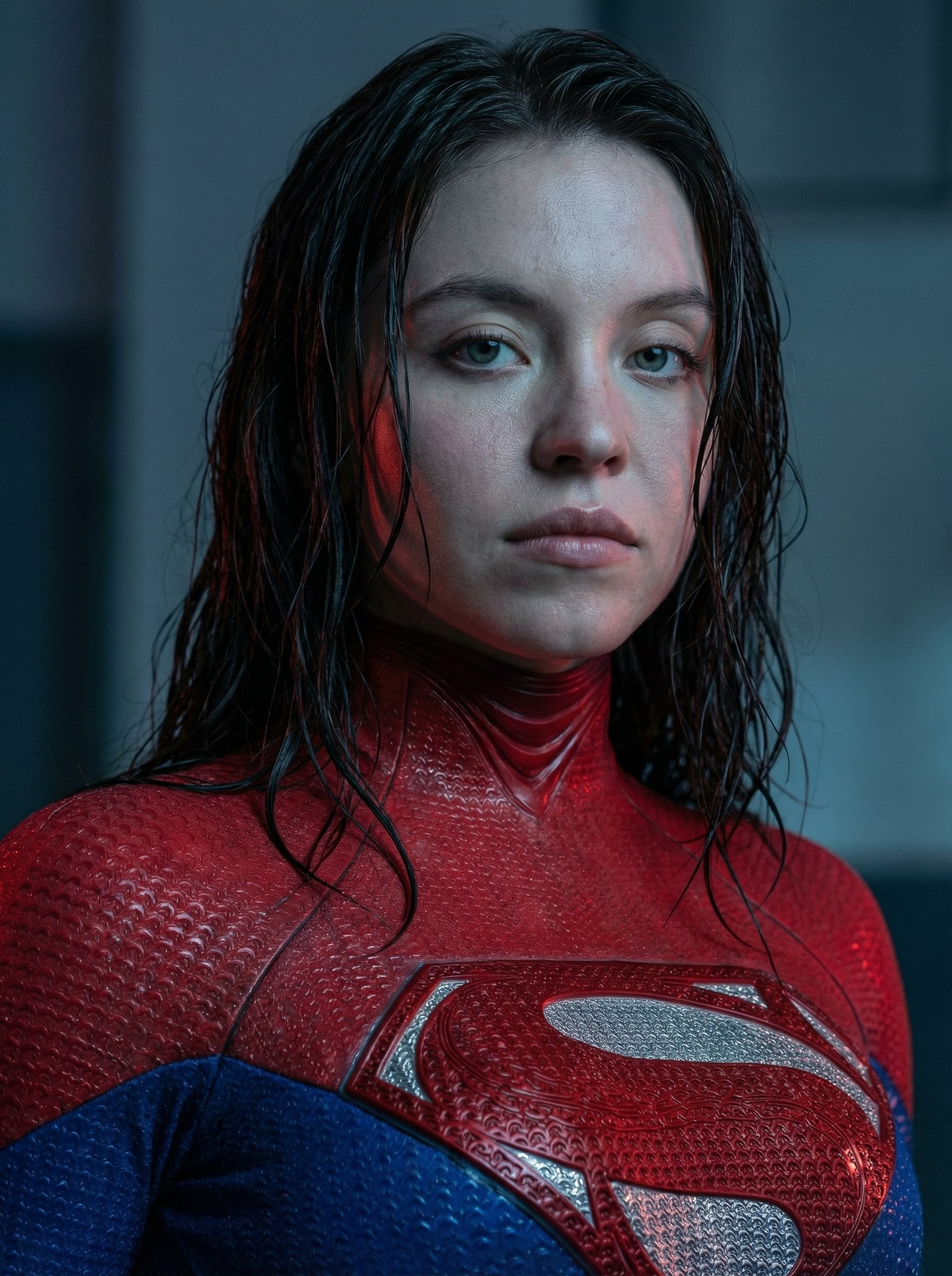 A female superhero with wet dark-brown hair in a red and blue textured suit, gazing powerfully at the camera against a blurred urban night backdrop.