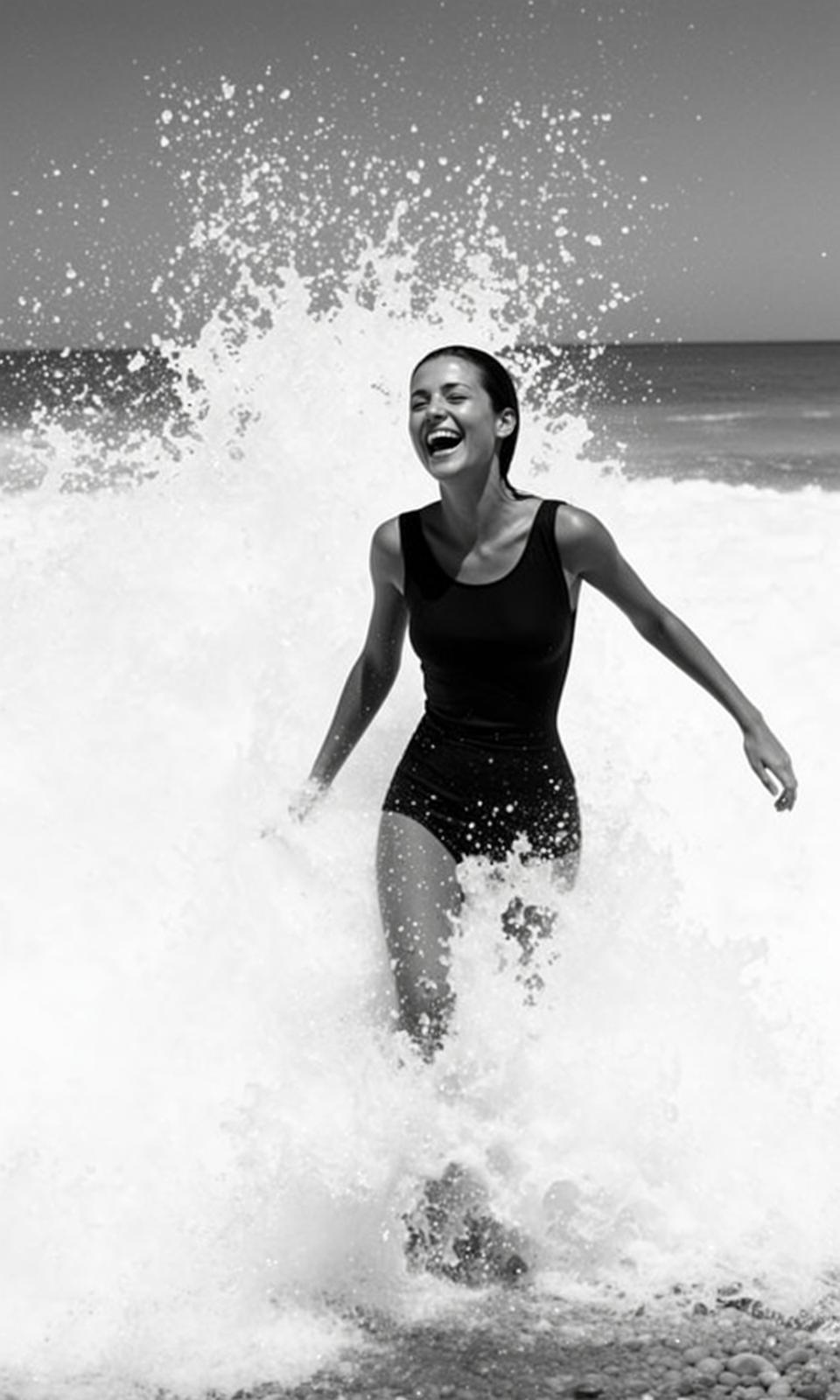 Black And White Medium Shot Photograph Captures Young Woman Emerging reference photo