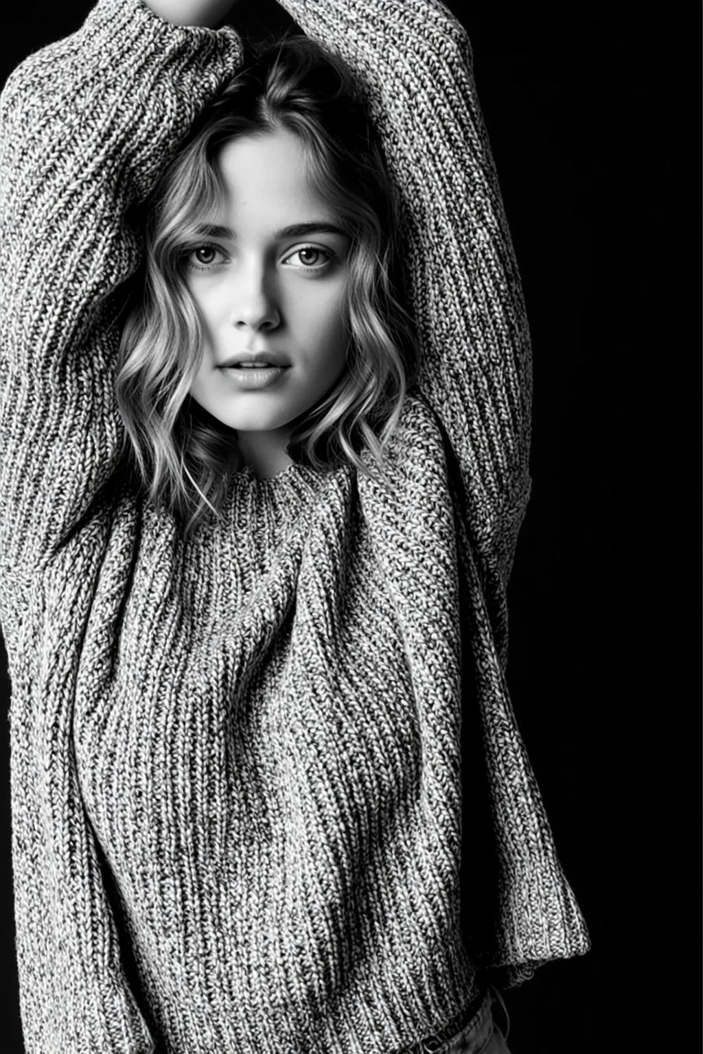 Photorealistic Black And White Portrait Young Woman With Wavy Medium-length reference photo