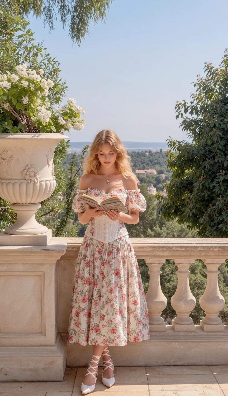 Balcony Book Reading Floral Skirt reference photo
