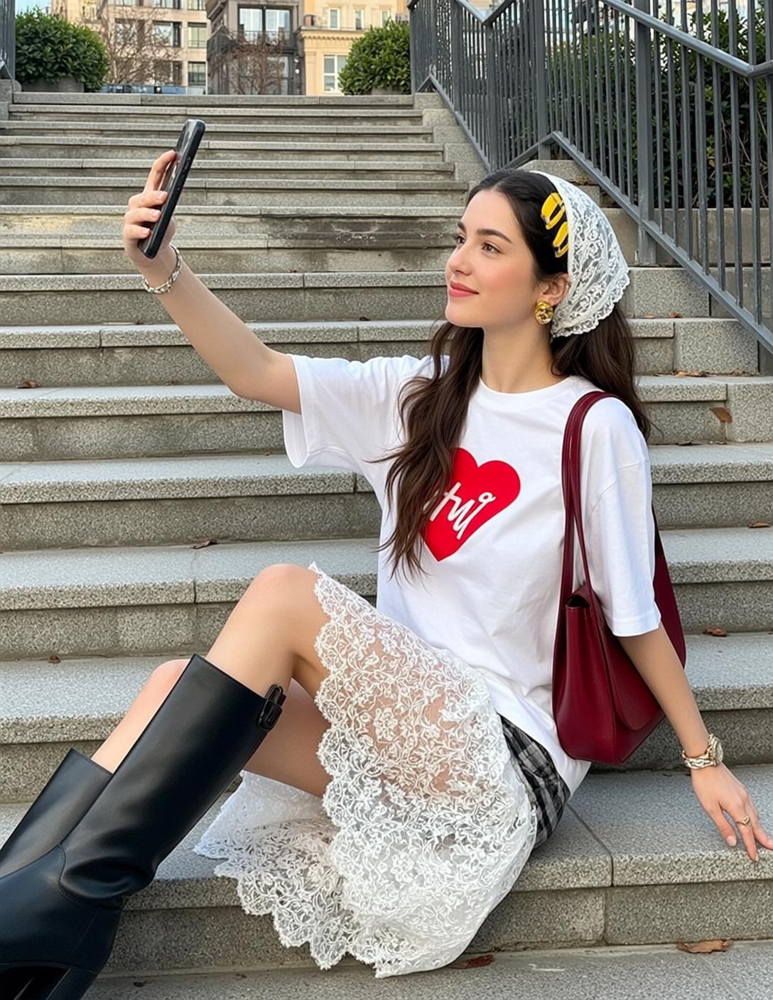 Heart Tee Stair Selfie reference photo