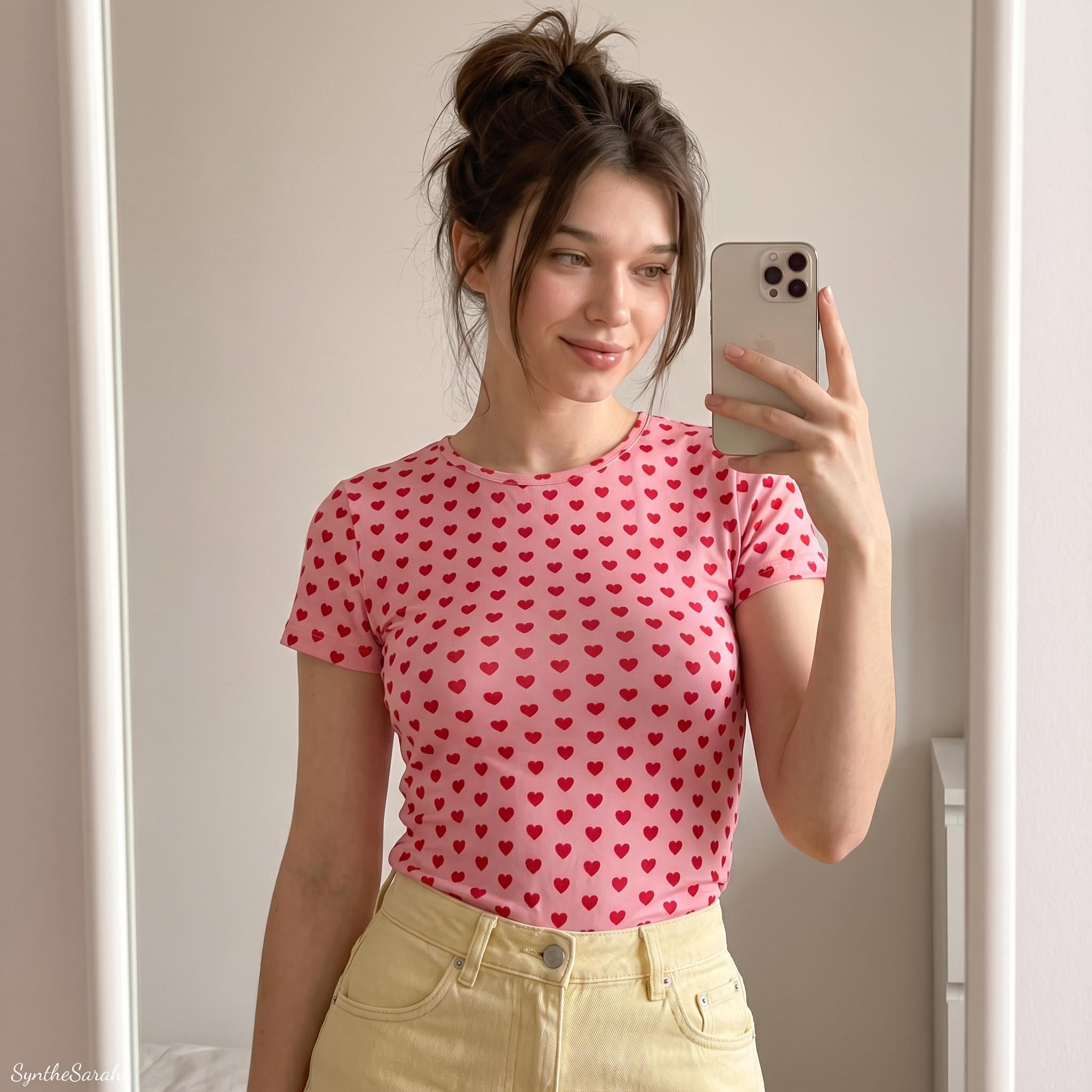 Pink Heart Shirt Yellow Jeans Mirror Selfie