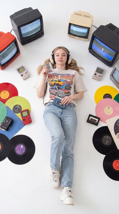 90s Outfit Vinyl Records White Floor Top Down