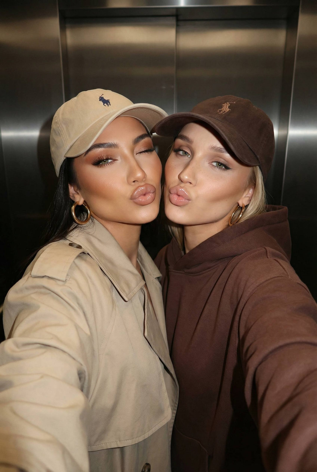 Two Women Playful Selfie Beige Trench Gold Hoops