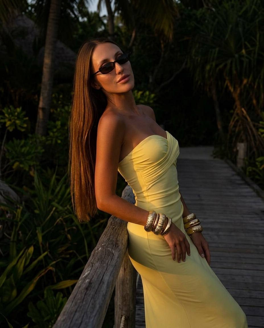 Tropical Twilight Woman Leaning On Railing Silhouette