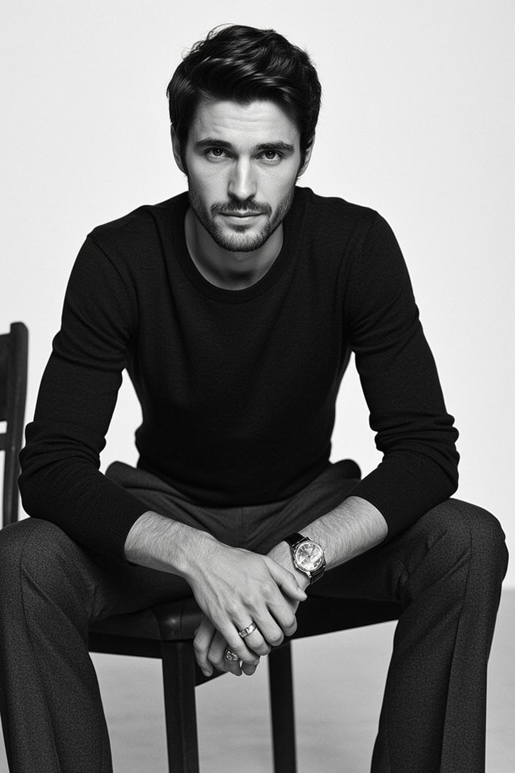 Medium Shot Black And White Photorealistic Portrait Young Man With reference photo