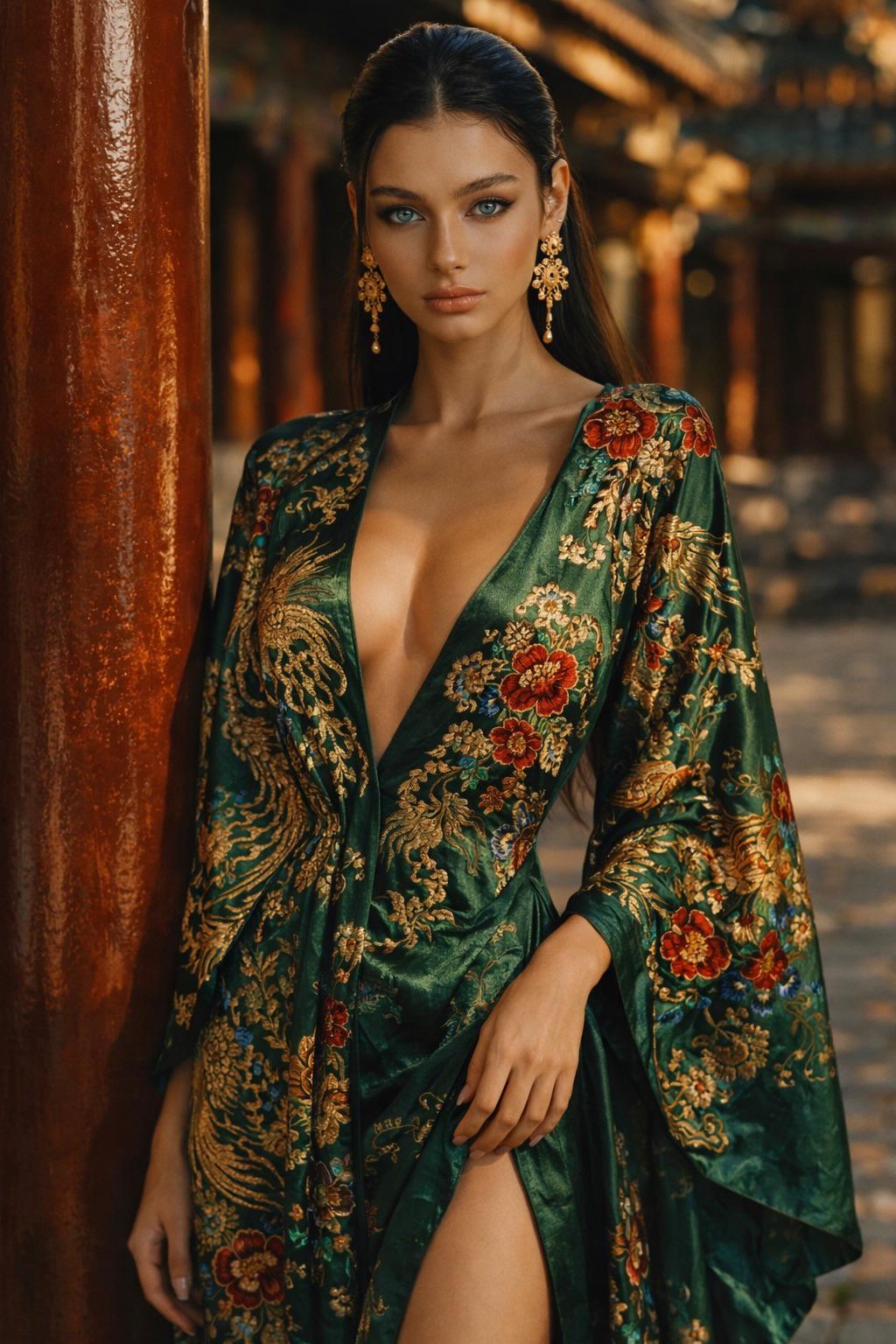 Emerald Velvet Gown Phoenix Embroidery Pillar Pose
