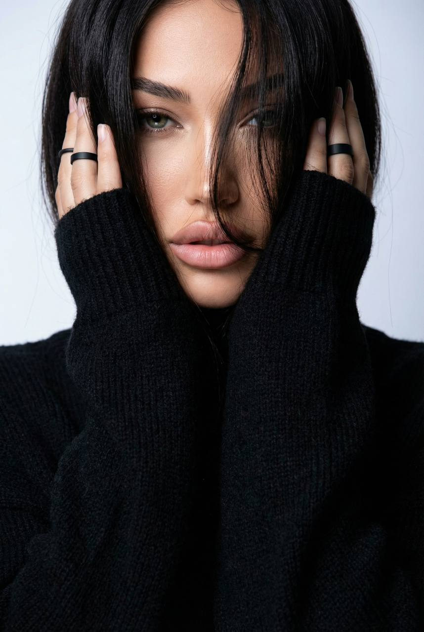 Mysterious Woman Black Sweater Hands Framing Face Editorial