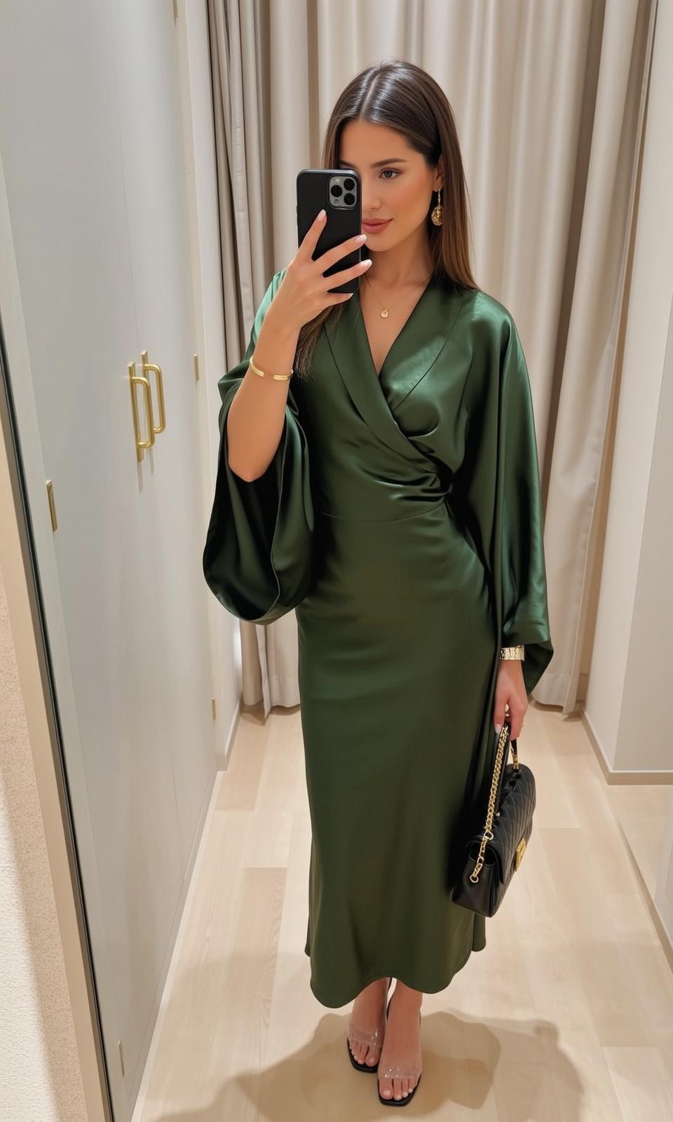 Forest Green Satin Dress Mirror Selfie reference photo