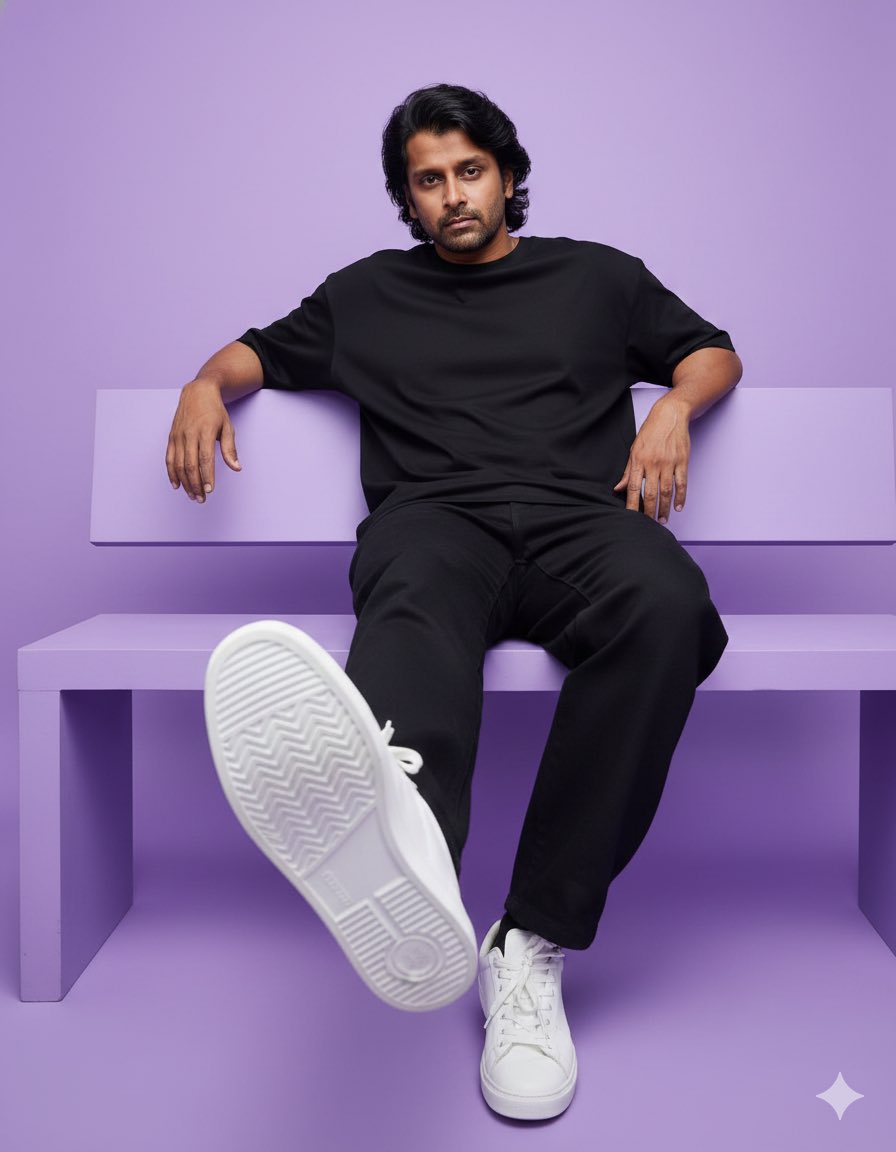 Ultra-realistic portrait of a person sitting on a purple bench in oversized black t-shirt and sneakers.