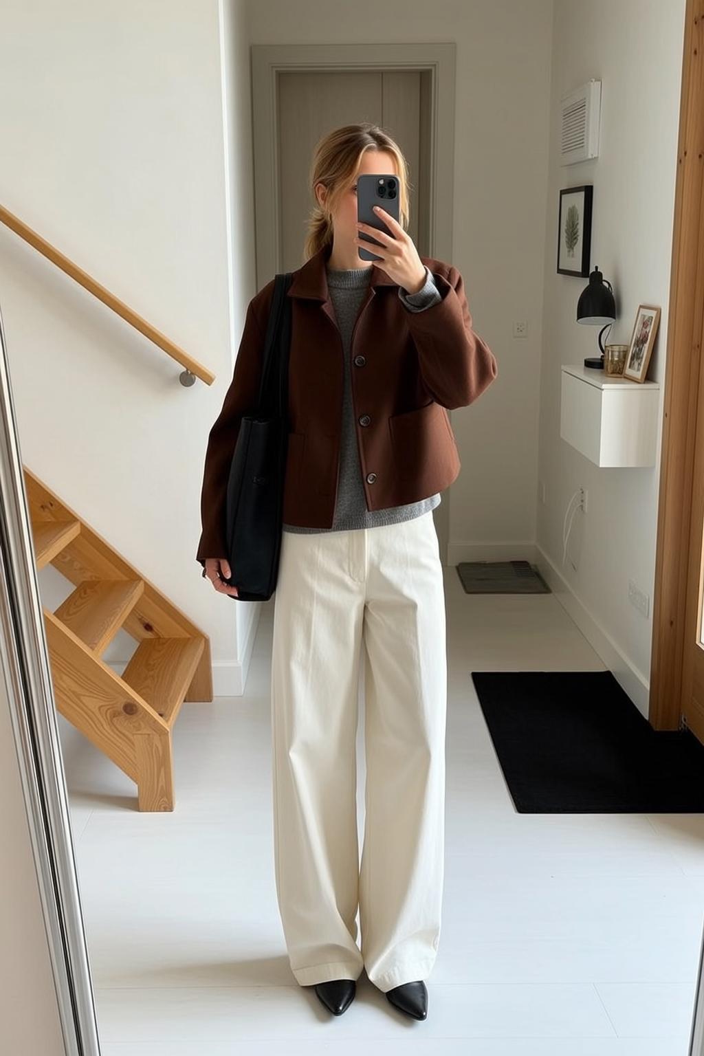 Grey Sweater and Cream Trousers Hallway reference photo