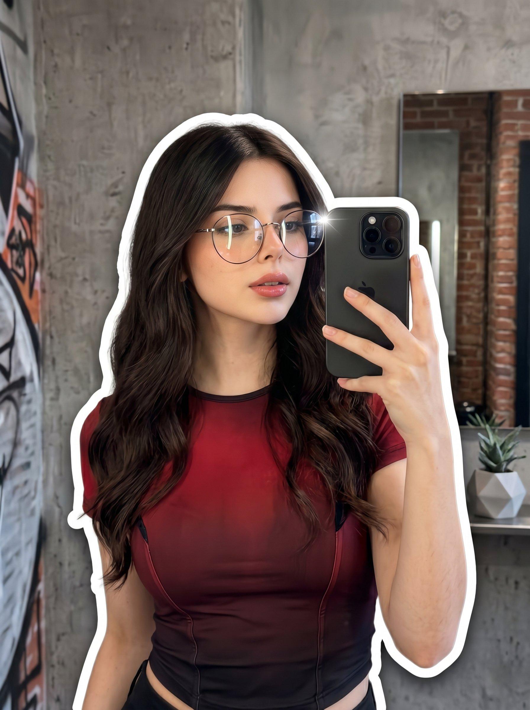 Mirror Selfie Red Black Top Gold Glasses Graffiti Wall