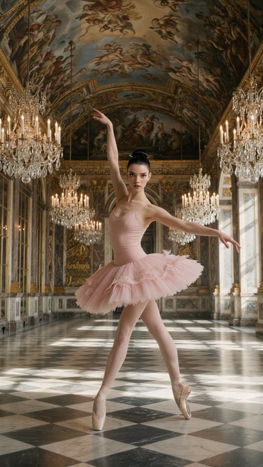 Ballet Dancer Grand Ballroom Arabesque Pose Crystal Chandeliers