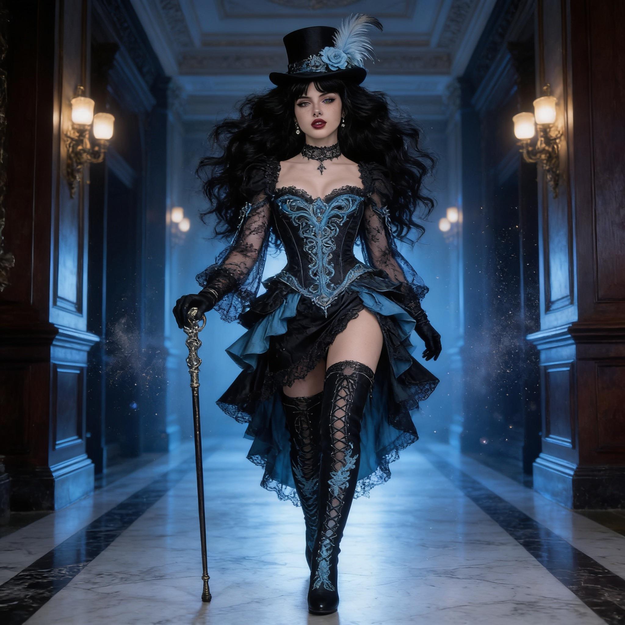 Voluminous Black Curls Walks Down Grand Marble Hallway She Wears