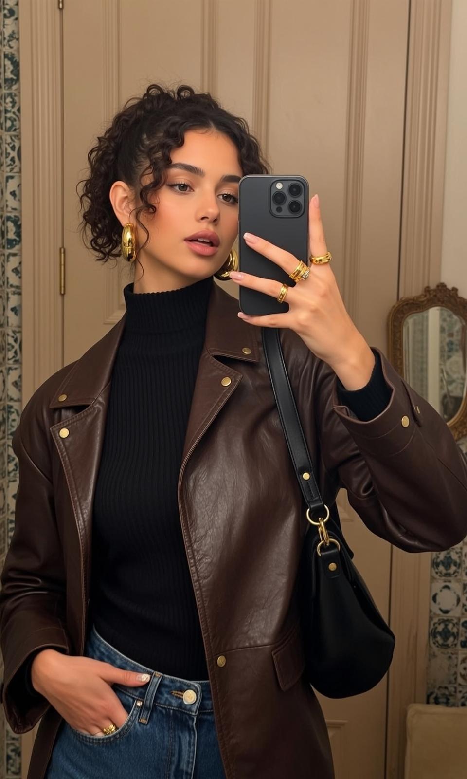 Leather Jacket Mirror Selfie reference photo