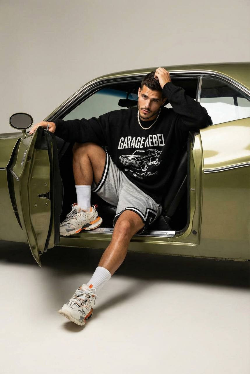 Olive Green Muscle Car Studio Fashion Editorial