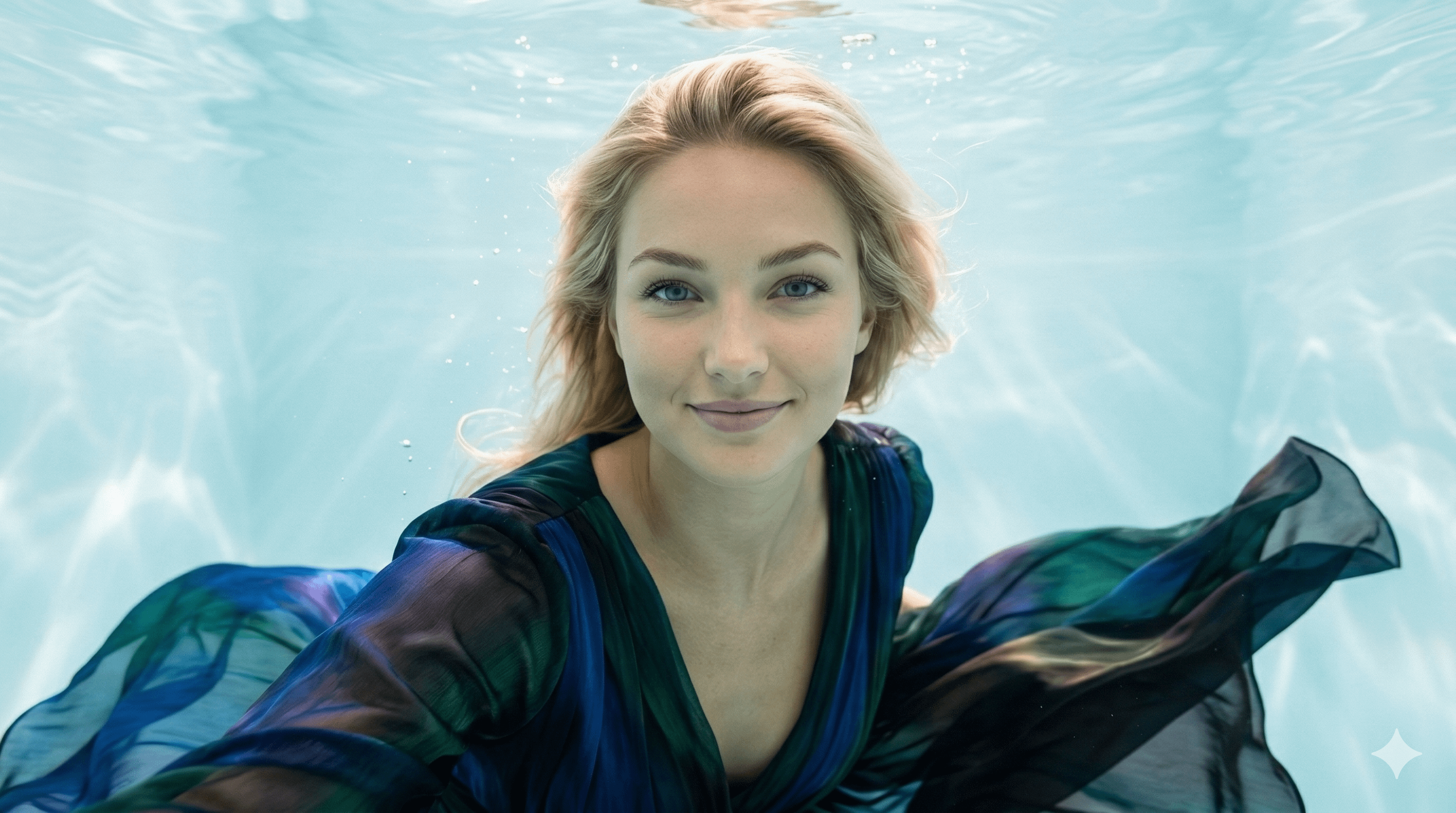 Cinematic Underwater Portrait Jewel Tone Dress reference photo