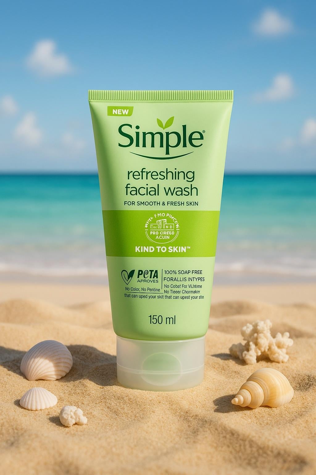 A high-resolution image of a product embedded in golden sand on a sunny tropical beach with seashells and a calm turquoise ocean.