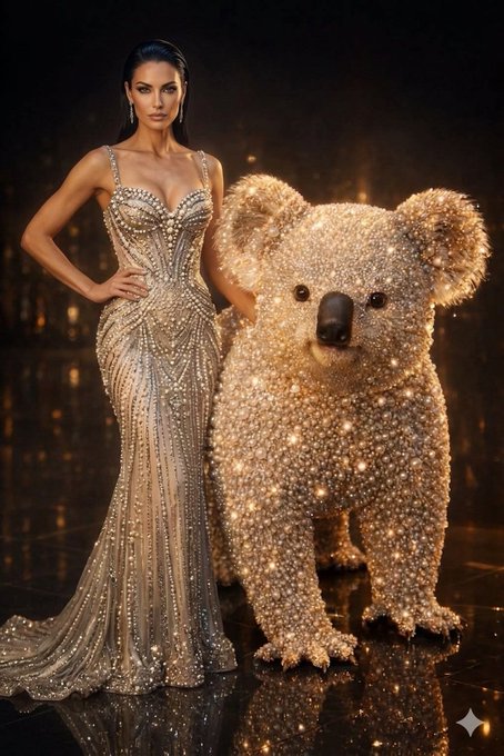 Elegant Woman Pearl Gown Giant Koala Surrealism