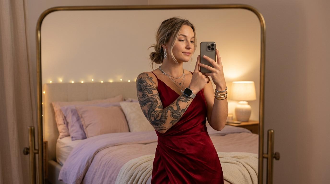 A woman taking a selfie in a large mirror while wearing a deep red satin slip dress, with warm ambient lighting.