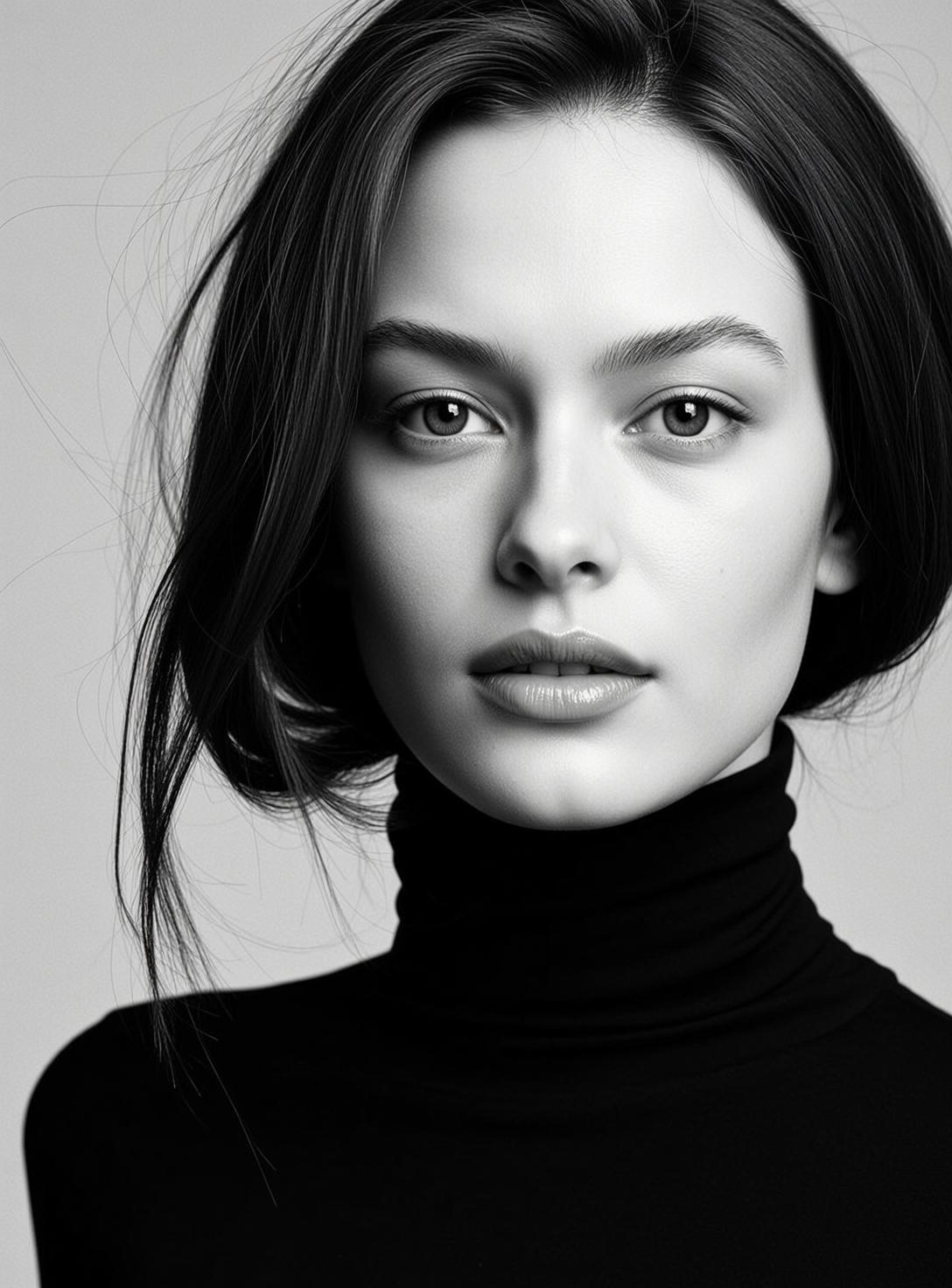 Photorealistic Black And White Medium Close-up Portrait Young Woman With reference photo