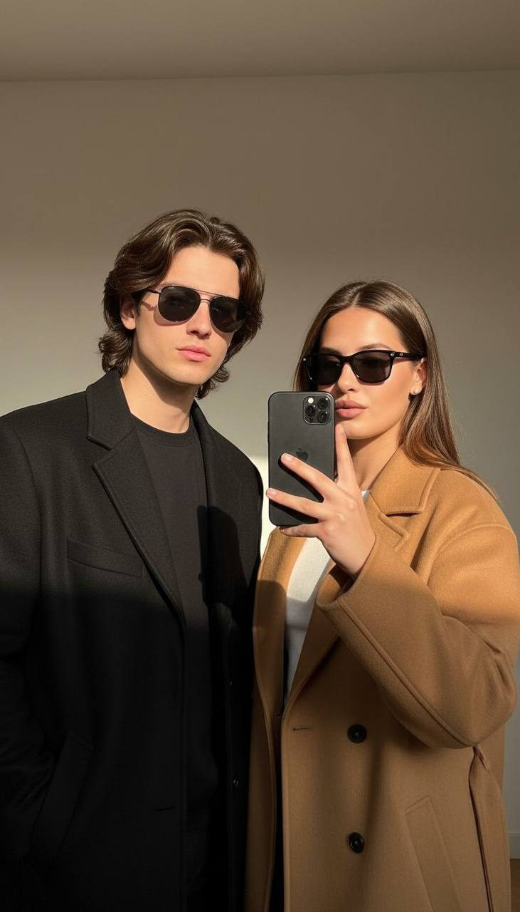 Camel Coat Sunglasses Indoor Selfie