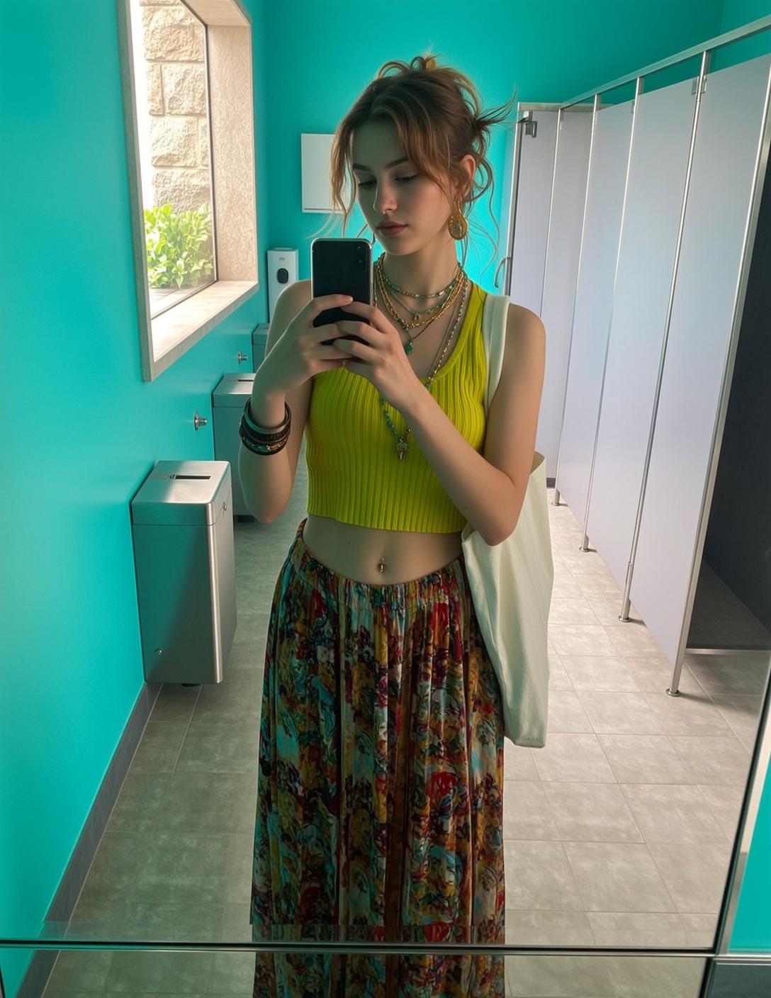 Auburn Hair Yellow Crop Top Floral Skirt Selfie Public Restroom reference photo