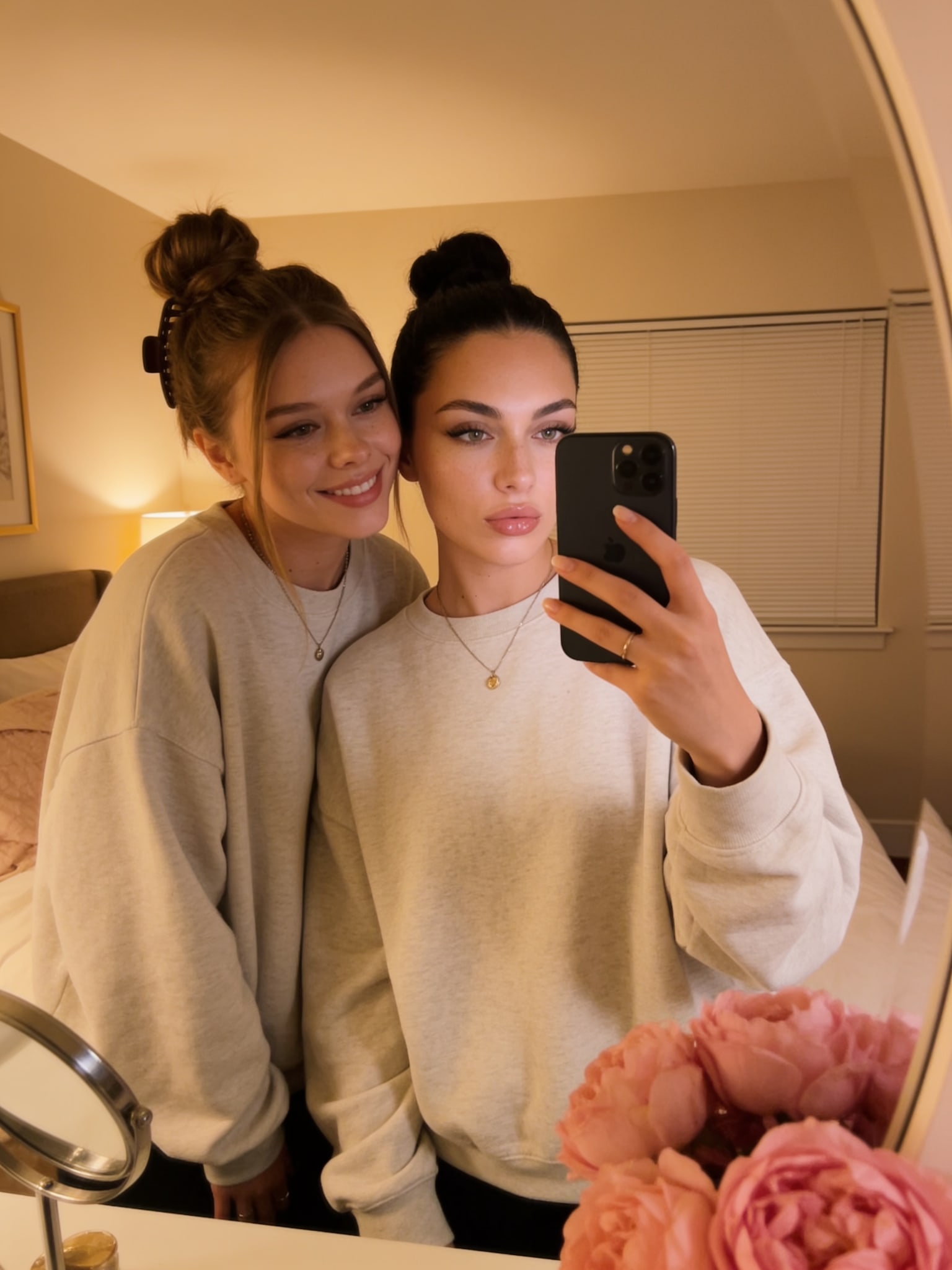 A cozy mirror selfie of Mila and Lily surrounded by pink flowers, smiling warmly in oversized sweatshirts.