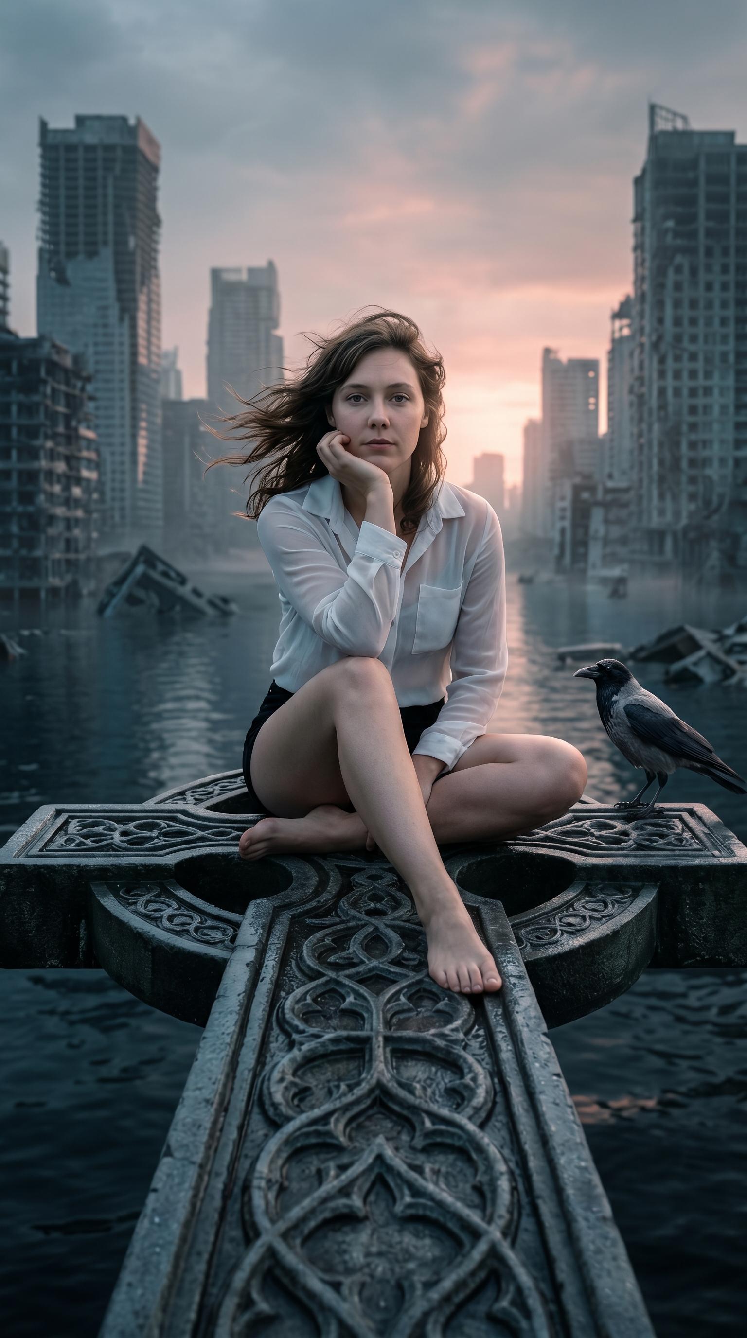 A woman seated cross-legged on a giant carved Gothic stone cross, backlit by a muted sunset over a mist-covered city skyline.