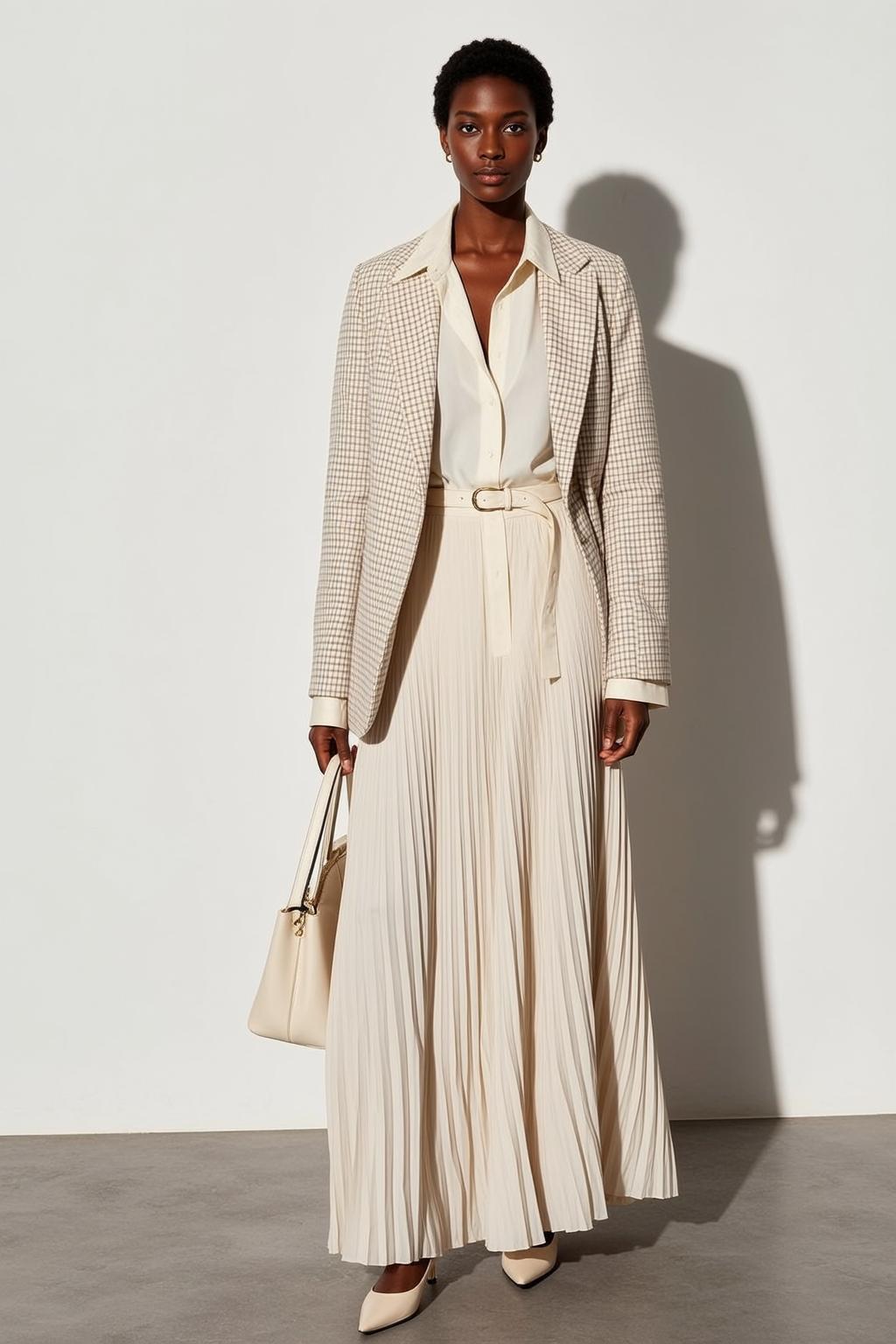 Cream Blazer Pleated Skirt Studio Minimalist Fashion reference photo