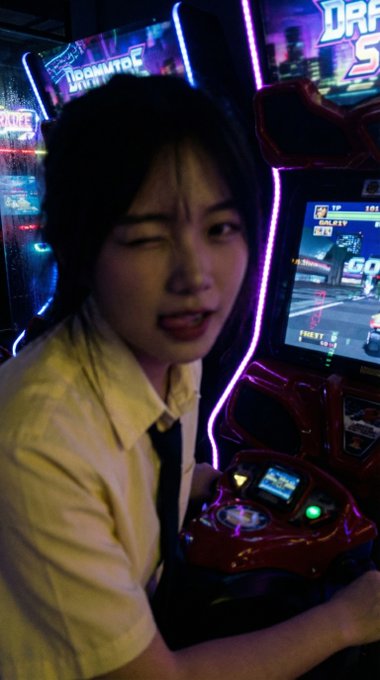 Arcade Racer Woman Neon Lights Low Angle
