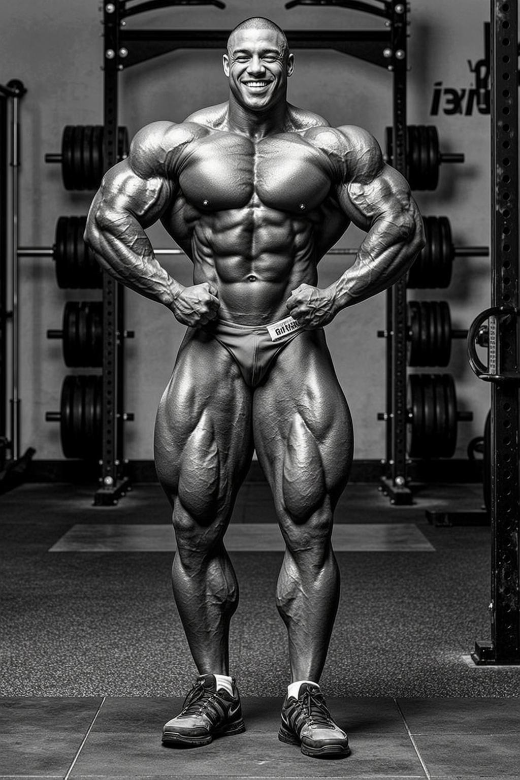 Very Muscular Bodybuilder Shaved Tan Grey Posing reference photo