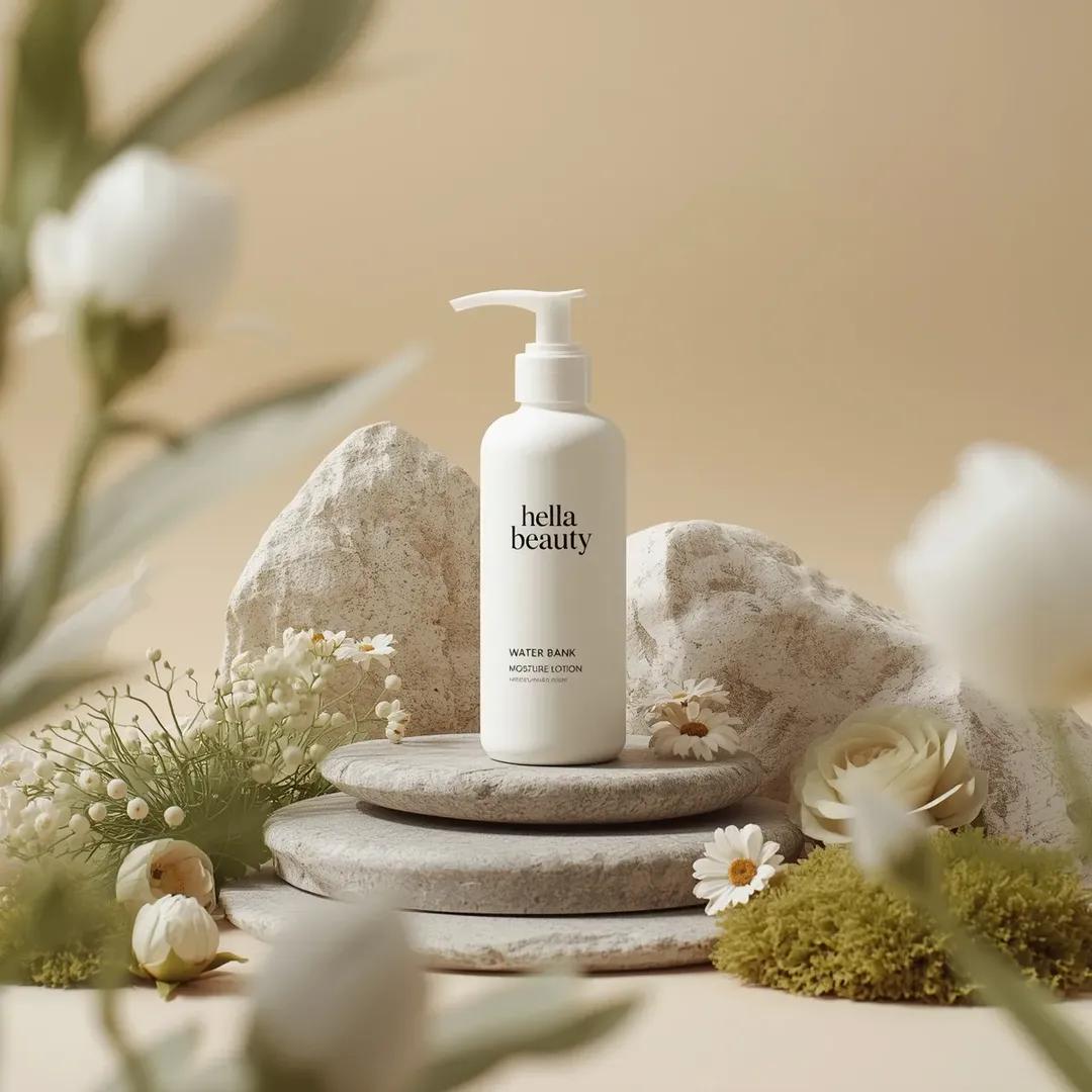 Matte White Pump Bottle Stone Moss Flowers